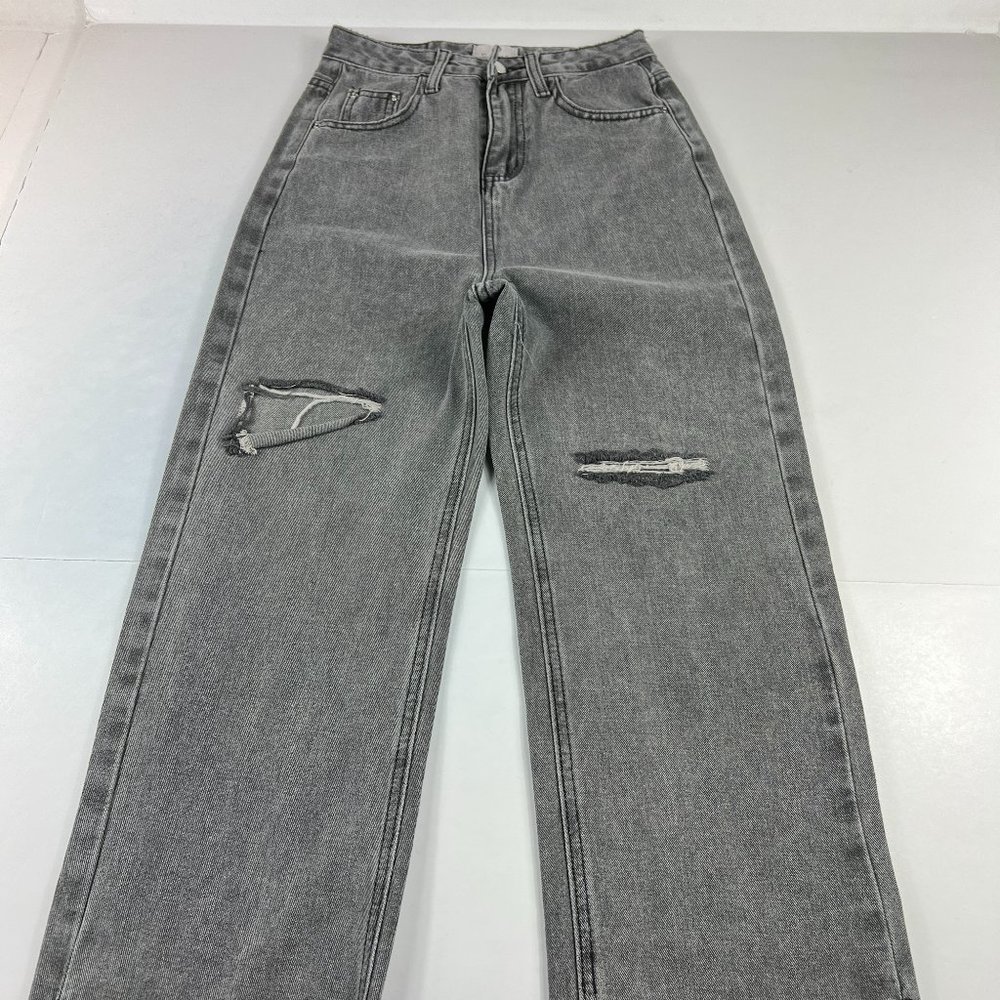 Feeling Korea Jeans Women's Small High Rise Crop Grey Distressed Split Hem Denim